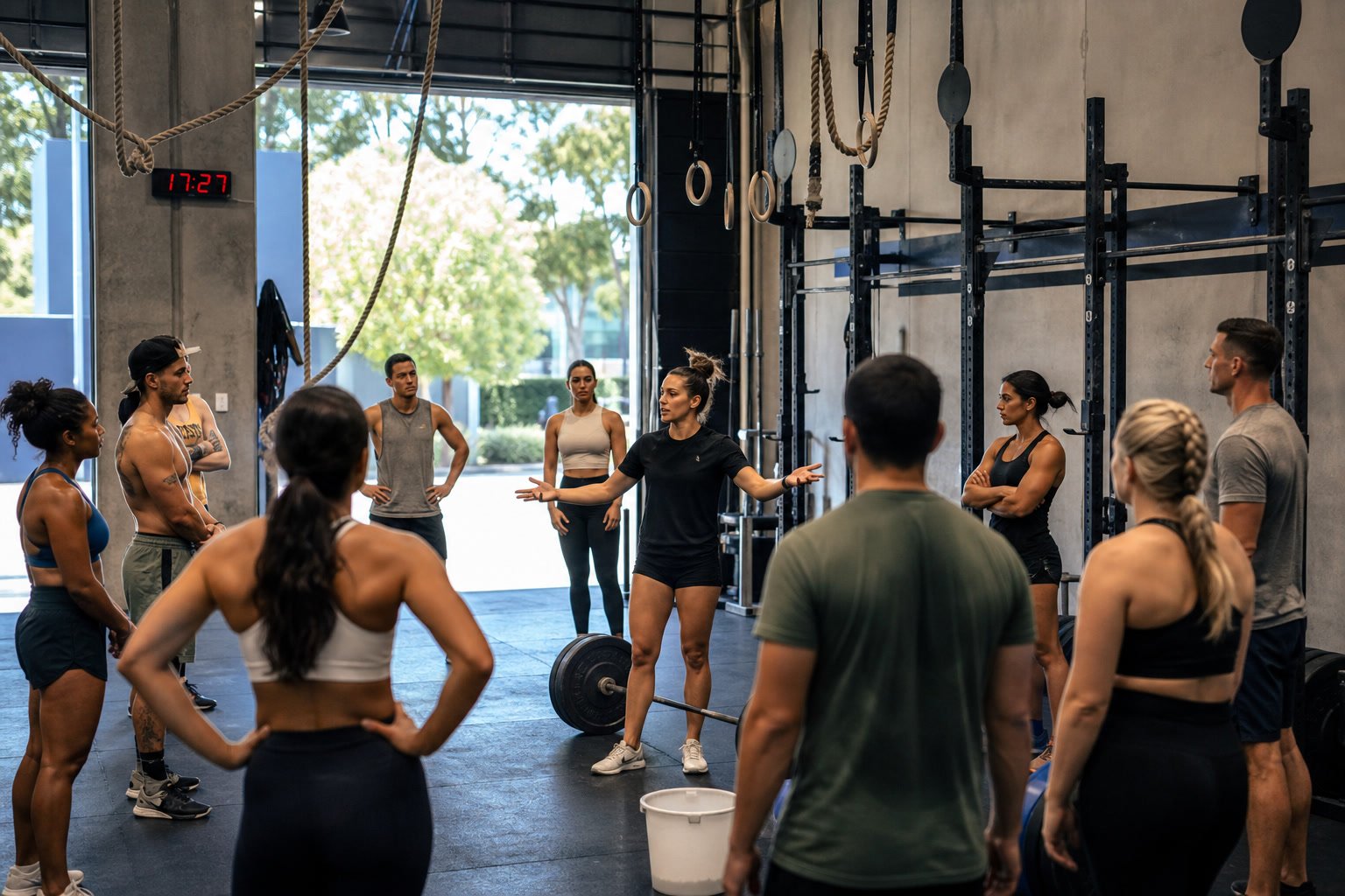 Coach standing in front of a CrossFit class, briefing athletes gathered around a barbell