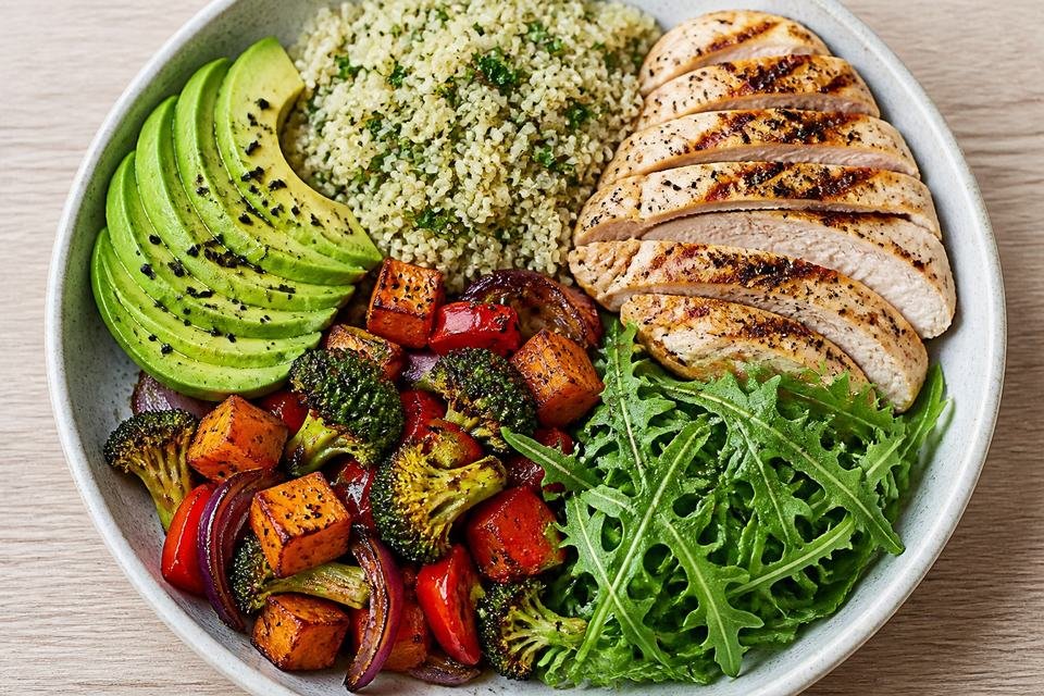 Healthy grain bowl with chicken, quinoa, avocado and roasted vegetables